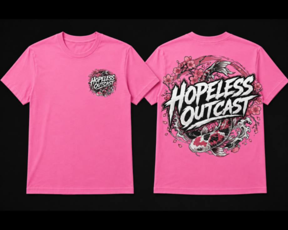 A pink short-sleeve t-shirt shown from both front and back. The front features a small circular graphic on the left chest, and the back features a large circular graphic with the text 'HOPELESS OUTCAST' in white stylized lettering over a black and gray design.
